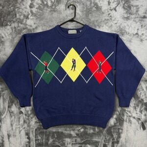 The Kensington Collection Sweater Mens Large Navy Blue Argyle Embroidered Golf